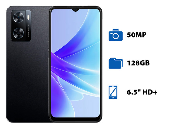 Smartphone OPPO A77: 
Procesador MediaTek Helio G35 (hasta 2.3 GHz), 
Memoria RAM de 4GB, 
Almacenamiento de 128GB, 
Pantalla LED Multi-Touch de 6.5