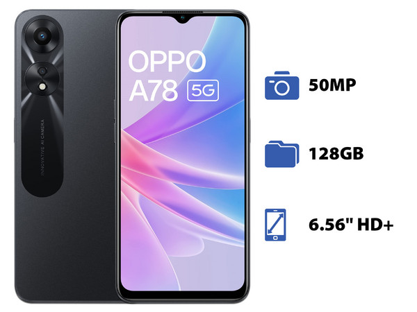 Smartphone OPPO A78 5G:
Procesador MediaTek 6833 (hasta 2.2 GHz),
Memoria RAM de 4GB,
Almacenamiento de 128GB,
Pantalla LED Multi-Touch de 6.56