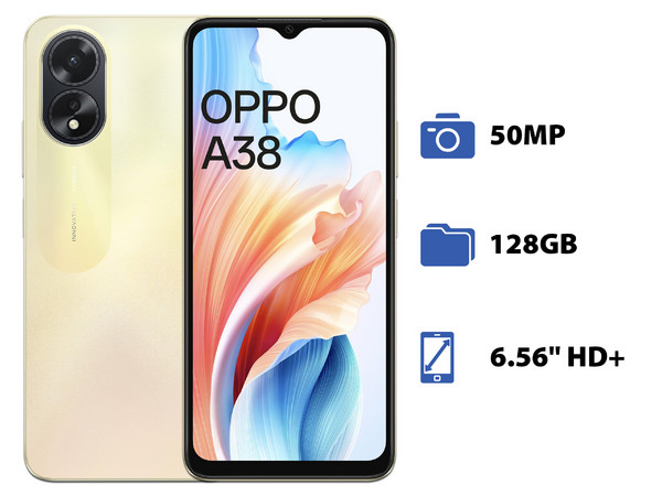 Smartphone OPPO A38: 
Procesador MediaTek Helio G85 (hasta 2.0 GHz), 
Memoria RAM de 4GB, 
Almacenamiento de 128GB, 
Pantalla LED Multi-Touch de 6.56