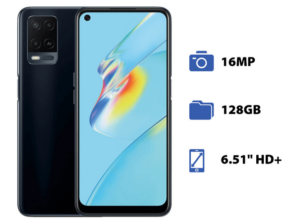 Smartphone Oppo A54 CPH2239:
Procesador Helio P35,
Memoria RAM de 4 GB, Almacenamiento de 128 GB,
Pantalla LED Multi Touch de 6.51
