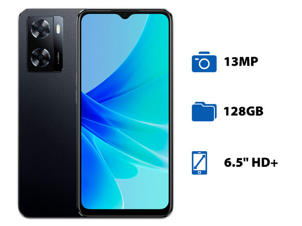 Smartphone OPPO A57: 
Procesador MediaTek Helio G35 (hasta 2.3 GHz), 
Memoria RAM de 4GB, 
Almacenamiento de 128GB, 
Pantalla LED Multi-Touch de 6.5