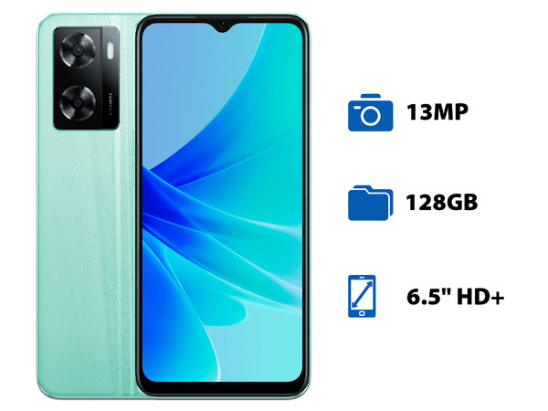 Smartphone OPPO A57: 
Procesador MediaTek Helio G35 (hasta 2.3 GHz), 
Memoria RAM de 4GB, 
Almacenamiento de 128GB, 
Pantalla LED Multi-Touch de 6.5