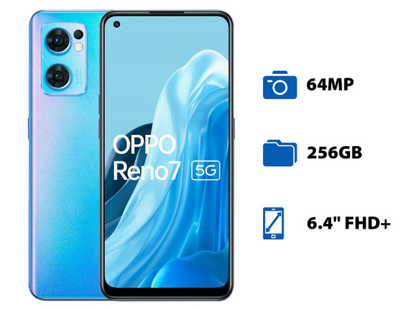 Smartphone OPPO Reno7 5G: 
Procesador Dimensity 900 (hasta 2.4 GHz), 
Memoria RAM de 8GB, Almacenamiento de 256GB, 
Pantalla AMOLED de 6.4