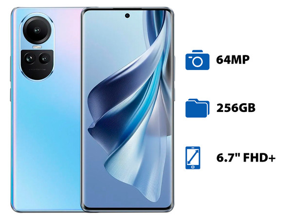 Smartphone OPPO Reno10 5G: 
Procesador Dimensity 7050 (hasta 2.6 GHz), 
Memoria RAM de 8GB, Almacenamiento de 256GB, 
Pantalla AMOLED de 6.7