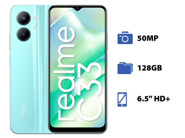 Smartphone Realme C33:
Procesador Octa Core (hasta 1.8 GHz), 
Memoria RAM de 4GB, Almacenamiento de 128GB,
Pantalla LED Multi Touch de 6.5
