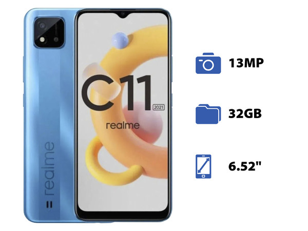 Smartphone Realme C11 2021: 
Procesador MediaTek Helio G35 (hasta 2.3GHz), 
Memoria RAM de 2GB, Almacenamiento de 32GB,
Pantalla LED Multi Touch de 6.52