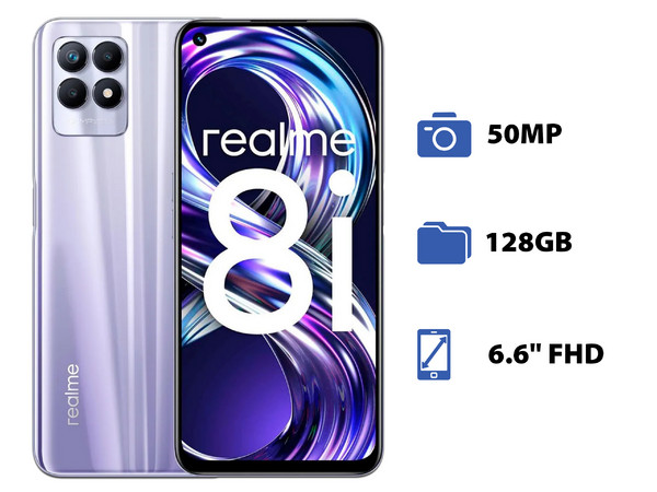 Smartphone Realme 8i: 
Procesador Helio G96 (hasta 2.05 GHz), 
Memoria RAM de 4GB, Almacenamiento de 128GB,
Pantalla LED Multi Touch de 6.6