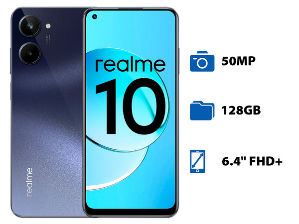 Smartphone Realme 10:
Procesador Helio G99 (hasta 2.2 GHz),
Memoria RAM de 8GB,
Almacenamiento de 128GB,
Pantalla Super AMOLED de 6.4