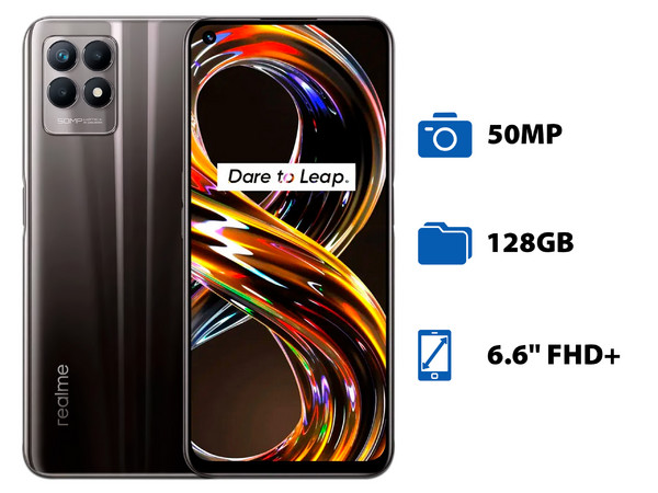 Smartphone Realme 8i:
Procesador Octa Core (hasta 2.05 GHz), 
Memoria RAM de 6GB, Almacenamiento de 128GB,
Pantalla LED Multi Touch de 6.6