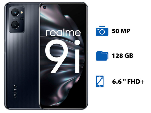 Smartphone Realme 9i: 
Procesador Qualcomm Snapdragon 680 (hasta 2.4 GHz), 
Memoria RAM de 6GB, 
Almacenamiento de 128GB, 
Pantalla LED Multi-Touch de 6.6