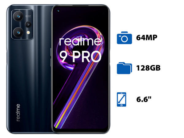 Smartphone Realme 9 Pro:
Procesador Octa Core (hasta 2.2 GHz),
Memoria RAM de 8GB, Almacenamiento de 128GB,
Pantalla LED Multi Touch de 6.6
