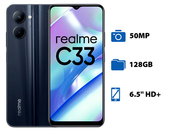 Smartphone Realme C33:
Procesador Octa-Core (hasta 1.8 GHz),
Memoria RAM de 4GB,
Almacenamiento de 128GB,
Pantalla LED Multitouch de 6.5