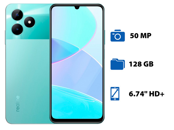 Smartphone Realme C51: 
Procesador Octa-Core (hasta 1.82 GHz), 
Memoria RAM de 4GB, Almacenamiento de 128GB, 
Pantalla LED Multi Touch de 6.74