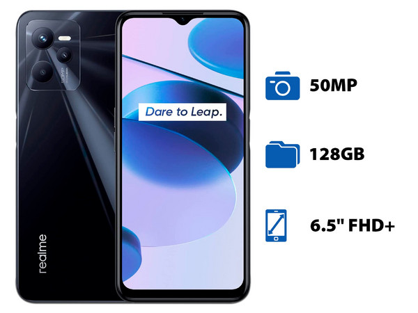 Smartphone Realme C35:
Procesador Unisoc T616 (hasta 2.0 GHz),
Memoria RAM 4GB,
Almacenamiento de 128GB,
Pantalla LED Multitouch FHD+ de 6.5