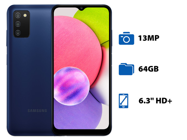 Smartphone Samsung Galaxy A03S: 
Procesador Octa Core (hasta 2.3 GHz),
Memoria RAM de 4GB, Almacenamiento de 64GB,
Pantalla TFT LCD de 6.3