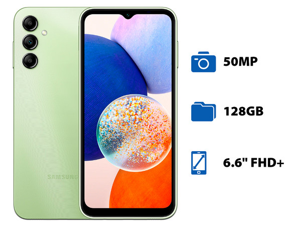 Smartphone Samsung Galaxy A14: 
Procesador MediaTek Helio G80 (hasta 2.0 GHz), 
Memoria RAM de 4GB, Almacenamiento de 128GB, 
Pantalla LED Multi Touch de 6.6