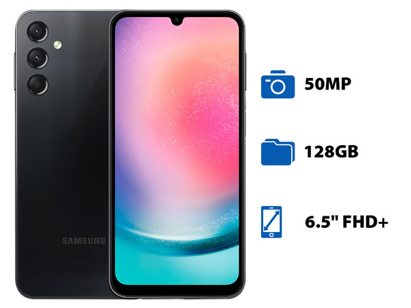 Smartphone Samsung Galaxy A24:
Procesador Octa-Core (hasta 2.20 GHz),
Memoria RAM de 4GB, Almacenamiento de 128GB,
Pantalla Super AMOLED de 6.5