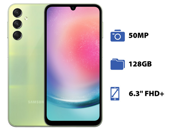 Smartphone Samsung Galaxy A24: 
Procesador MediaTek Helio G99 (hasta 2.2 GHz), 
Memoria RAM de 4GB, 
Almacenamiento de 128GB, 
Pantalla Super AMOLED de 6.3