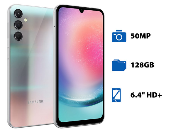 Smartphone Samsung Galaxy A24: 
Procesador Octa-Core (hasta 2.2 GHz), 
Memoria RAM de 4GB, Almacenamiento de 128GB, 
Pantalla Super AMOLED de 6.4