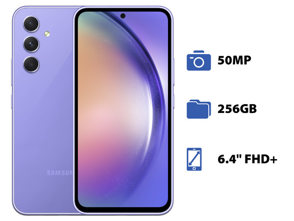 Smartphone Samsung Galaxy A54: 
Procesador Octa Core (hasta 2.4 GHz), 
Memoria RAM de 8GB, Almacenamiento de 256GB, 
Pantalla Super AMOLED de 6.4