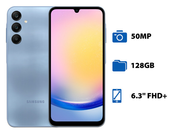 Smartphone Samsung Galaxy A25 5G: 
Procesador Octa Core (hasta 2.6 GHz), 
Memoria RAM de 6GB, Almacenamiento de 128GB, 
Pantalla LED Multi-Touch de 6.3
