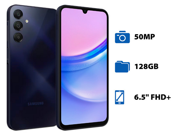 Smartphone Samsung Galaxy A15: 
Procesador Octa Core (2.2 GHz), 
Memoria RAM de 6GB, Almacenamiento de 128GB, 
Pantalla Super AMOLED de 6.5