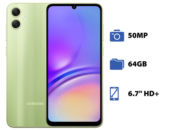Smartphone Samsung Galaxy A05:
Procesador Octa Core (hasta 2.0 GHz),
Memoria RAM de 4GB,
Almacenamiento de 64GB,
Pantalla LED Multi-Touch de 6.7