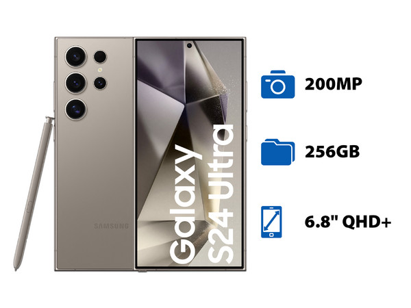 Smartphone Samsung S24 Ultra: 
Procesador Qualcomm Snapdragon 8 Gen 3, 
Memoria RAM de 12GB, 
Almacenamiento de 256GB,
Pantalla AMOLED Multi-Touch de 6.8