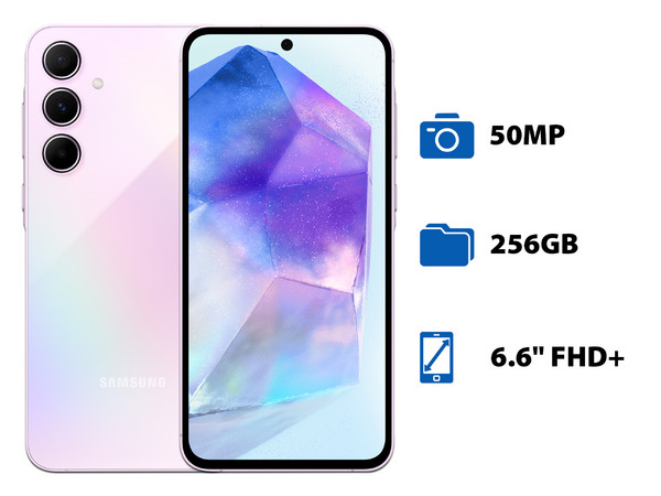Smartphone Samsung Galaxy A55 5G: 
Procesador Octa-Core (hasta 2.75 GHz), 
Memoria RAM de 8GB, Almacenamiento de 256GB, 
Pantalla Super AMOLED de 6.6