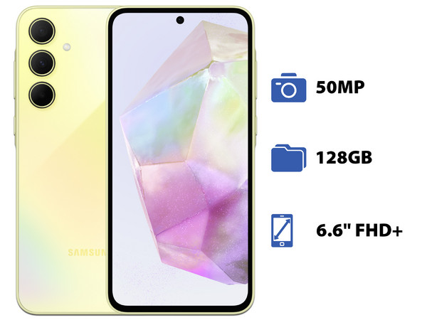Smartphone Samsung Galaxy A35 5G: 
Procesador Octa Core (hasta 2.4 GHz), 
Memoria RAM de 8GB, Almacenamiento de 128GB, 
Pantalla Super AMOLED de 6.6