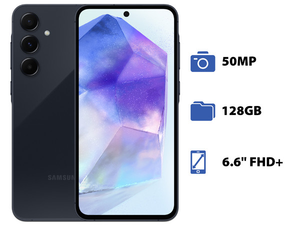 Smartphone Samsung Galaxy A55 5G:
Procesador Exynos 1480 (hasta 2.75 GHz), 
Memoria RAM de 8GB, Almacenamiento de 128GB, 
Pantalla Super AMOLED de 6.6