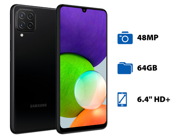 Smartphone Samsung Galaxy A22: 
Procesador Octa Core (hasta 2.0 GHz), 
Memoria RAM de 4GB, Almacenamiento de 64GB, 
Pantalla Super AMOLED de 6.4