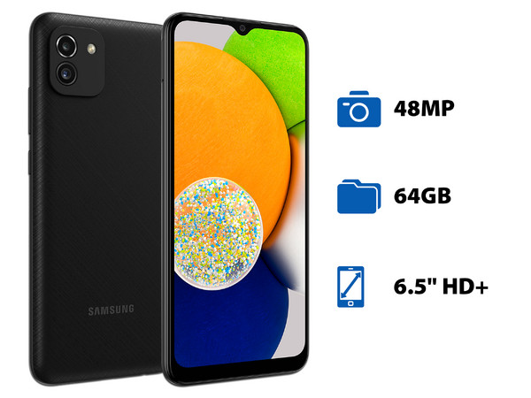 Smartphone Samsung Galaxy A03:
Procesador Octa-Core (hasta 1.6 GHz),
Memoria RAM de 4GB, Almacenamiento de 64GB,
Pantalla LED Multi Touch de 6.5
