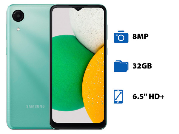 Smartphone Samsung Galaxy A03 Core:
Procesador Octa-Core (hasta 1.6 GHz),
Memoria RAM de 2GB, 
Almacenamiento de 32GB,
Pantalla LED Multi Touch de 6.5
