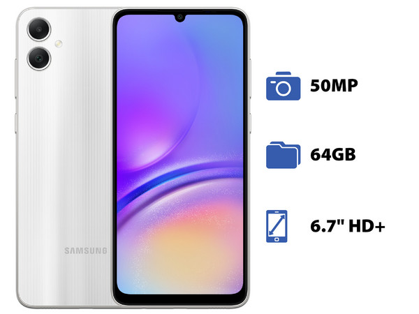 Smartphone Samsung Galaxy A05: 
Procesador Helio G85 (hasta 2.0 GHz),
Memoria RAM de 4GB, Almacenamiento de 64GB, 
Pantalla LED Multi Touch de 6.7