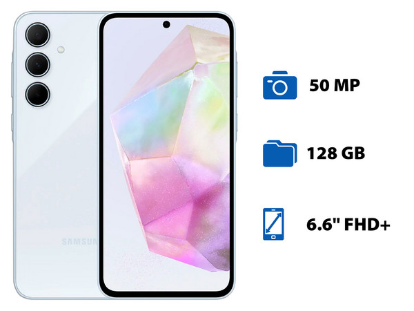 Smartphone Samsung Galaxy A35 5G: 
Procesador Octa-Core (hasta 2.4 GHz), 
Memoria RAM de 6GB, Almacenamiento de 128GB, 
Pantalla Super AMOLED de 6.6