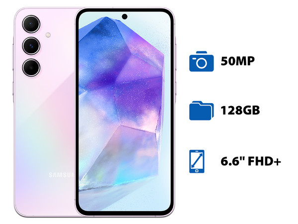 Smartphone Samsung Galaxy A55 5G: 
Procesador Octa Core (hasta 2.7 GHz), 
Memoria RAM de 8GB, 
Almacenamiento de 128GB, 
Pantalla Super AMOLED de 6.6
