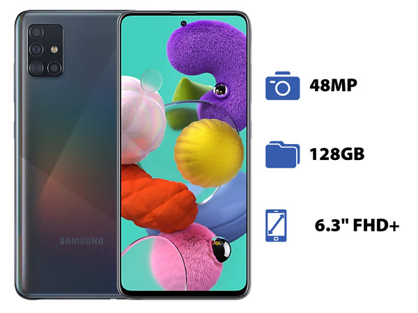 Smartphone Samsung Galaxy A51:
Procesador Octa core (hasta 2.30 GHz),
Memoria RAM de 4GB, Almacenamiento de 128GB,
Pantalla Super AMOLED de 6.3