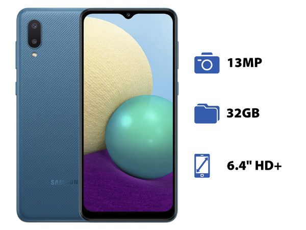 Smartphone Samsung Galaxy A02:
Procesador Quad core (hasta 1.50 GHz),
Memoria RAM de 3GB, Almacenamiento de 32GB,
Pantalla LED Multi Touch de 6.4