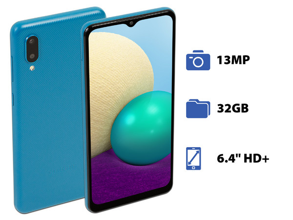 Smartphone Samsung Galaxy A02:
Procesador Quad core (hasta 1.5 GHz),
Memoria RAM de 2GB, Almacenamiento de 32GB,
Pantalla LED Multi Touch de 6.4