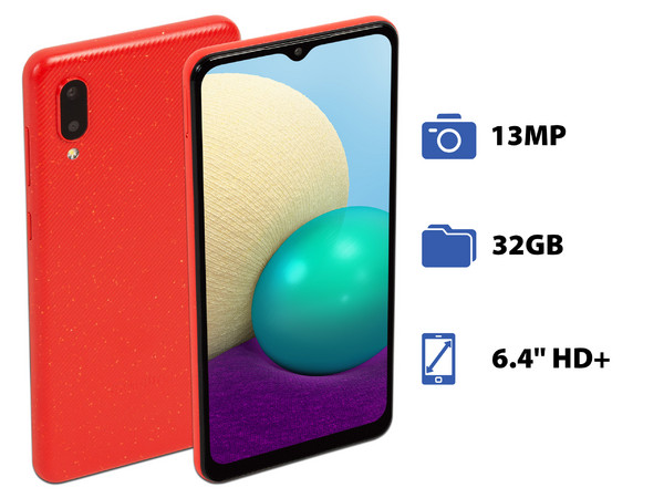Smartphone Samsung Galaxy A02:
Procesador Quad core (hasta 1.5GHz),
Memoria RAM de 2GB, Almacenamiento de 32GB,
Pantalla LED Multi Touch de 6.4