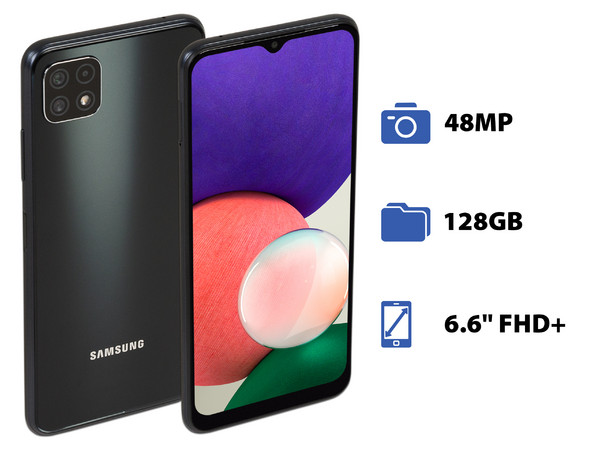 Smartphone Samsung Galaxy A22 5G: 
Procesador Dimensity 700 (hasta 2.20 GHz), 
Memoria RAM de 6GB, Almacenamiento de 128GB, 
Pantalla LED Multi Touch de 6.6