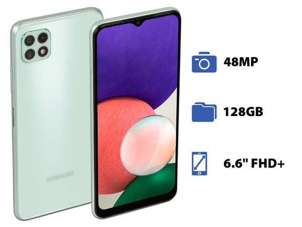 Smartphone Samsung Galaxy A22 5G: 
Procesador Dimensity 700 (hasta 2.20 GHz), 
Memoria RAM de 6GB, Almacenamiento de 128GB, 
Pantalla LED Multi Touch de 6.6