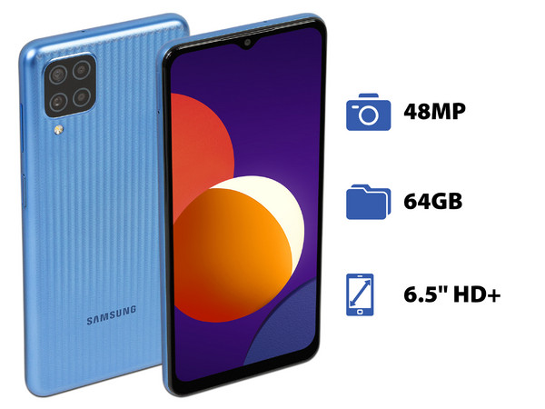 Smartphone Samsung Galaxy M12: 
Procesador Exynos 850 octa core (hasta 2.0GHz), 
Memoria RAM de 4GB, Almacenamiento de 64GB,
Pantalla LED Multi Touch de 6.5