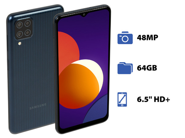 Smartphone Samsung Galaxy M12: 
Procesador Exynos 850 octa core (hasta 2.0GHz), 
Memoria RAM de 4GB, Almacenamiento de 64GB,
Pantalla LED Multi Touch de 6.5