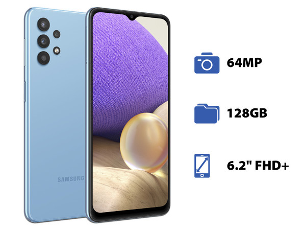 Smartphone Samsung Galaxy A32:
Procesador Octa-Core (hasta 1.80 GHz),
Memoria RAM de 6GB, 
Almacenamiento de 128GB,
Pantalla Super AMOLED de 6.2