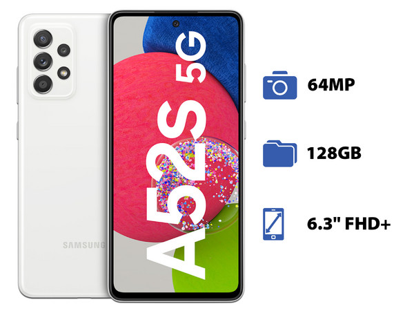 Smartphone Samsung Galaxy A52s 5G: 
Procesador Octa Core (hasta 2.40 GHz),
Memoria RAM de 8GB, Almacenamiento de 128GB,
Pantalla Super AMOLED de 6.3