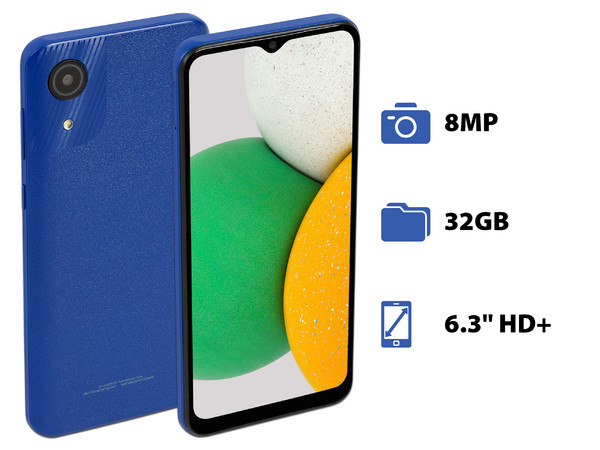Smartphone Samsung Galaxy A03 Core: 
Procesador Octa-Core (hasta 1.60 GHz),
Memoria RAM de 2GB, Almacenamiento de 32GB,
Pantalla LED Multi-Touch de 6.3