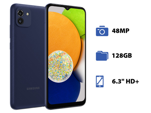 Smartphone Samsung Galaxy A03:
Procesador Octa Core (hasta 1.6 GHz),
Memoria RAM de 4GB, Almacenamiento de 128GB,
Pantalla LED Multi Touch de 6.3