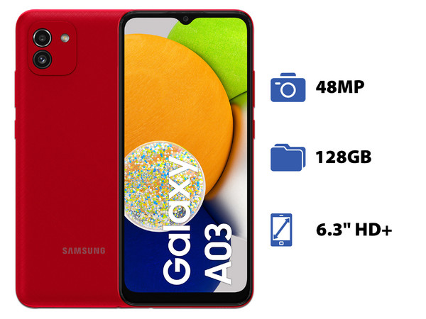 Smartphone Samsung Galaxy A03:
Procesador Octa-Core (hasta 1.60 GHz),
Memoria RAM de 4GB, 
Almacenamiento de 128GB,
Pantalla LED Multi Touch de 6.3